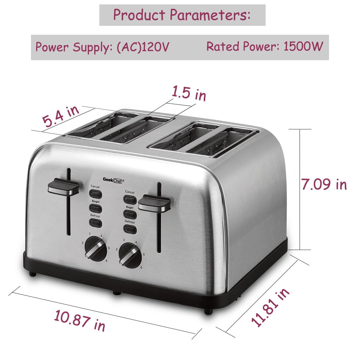 Toaster 4 Slice, Geek Chef Stainless Steel Extra-Wide Slot Toaster wit –  GeekChefKitchen