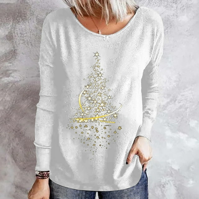 Haut Décontracté de Mode pour Femmes à Imprimé de Noël, Col Rond, Coupe Ample, Manches Longues