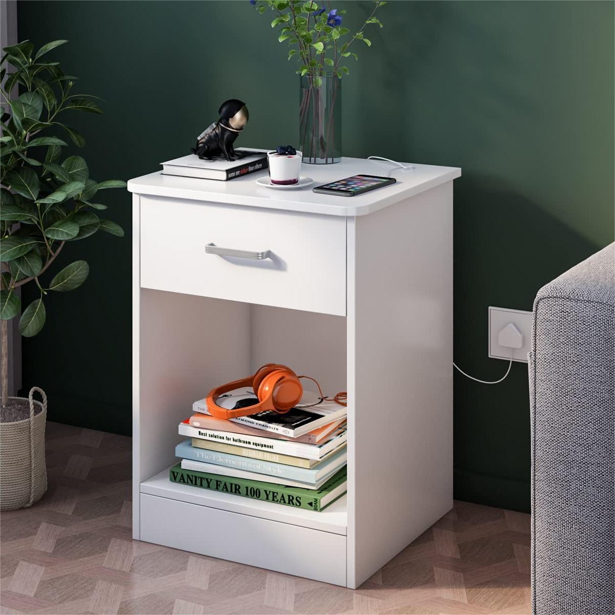 Homfa Nightstand with Drawer，2 Tier Beside Table End Table，Modern Night Stand for Bedroom Living Room, White