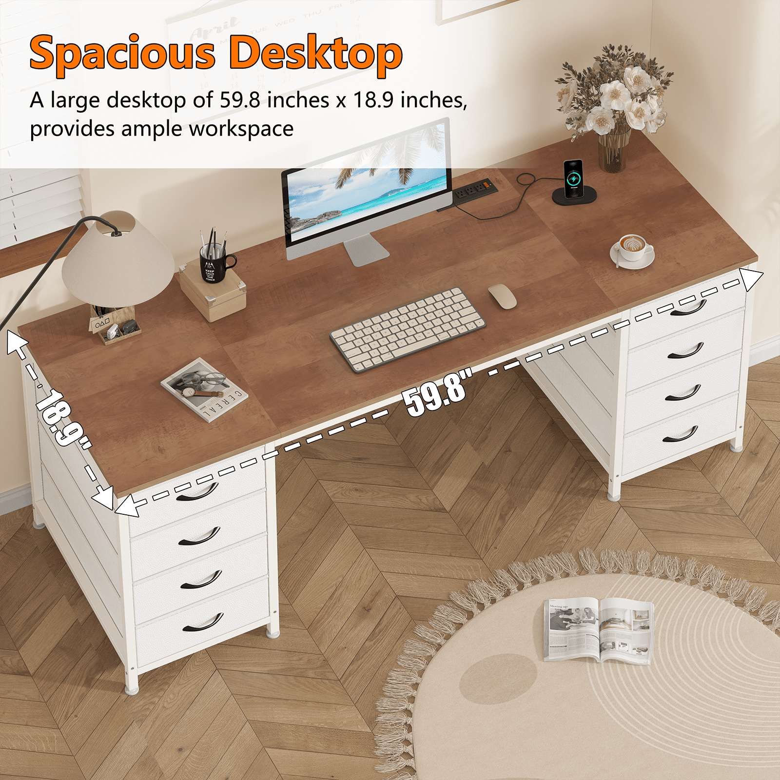 60 Inch Computer Desk with 8 Drawers, Home Office Desk with Power Outlets, Work Study Gaming Desk with 8 Fabric Drawers, Brown and White