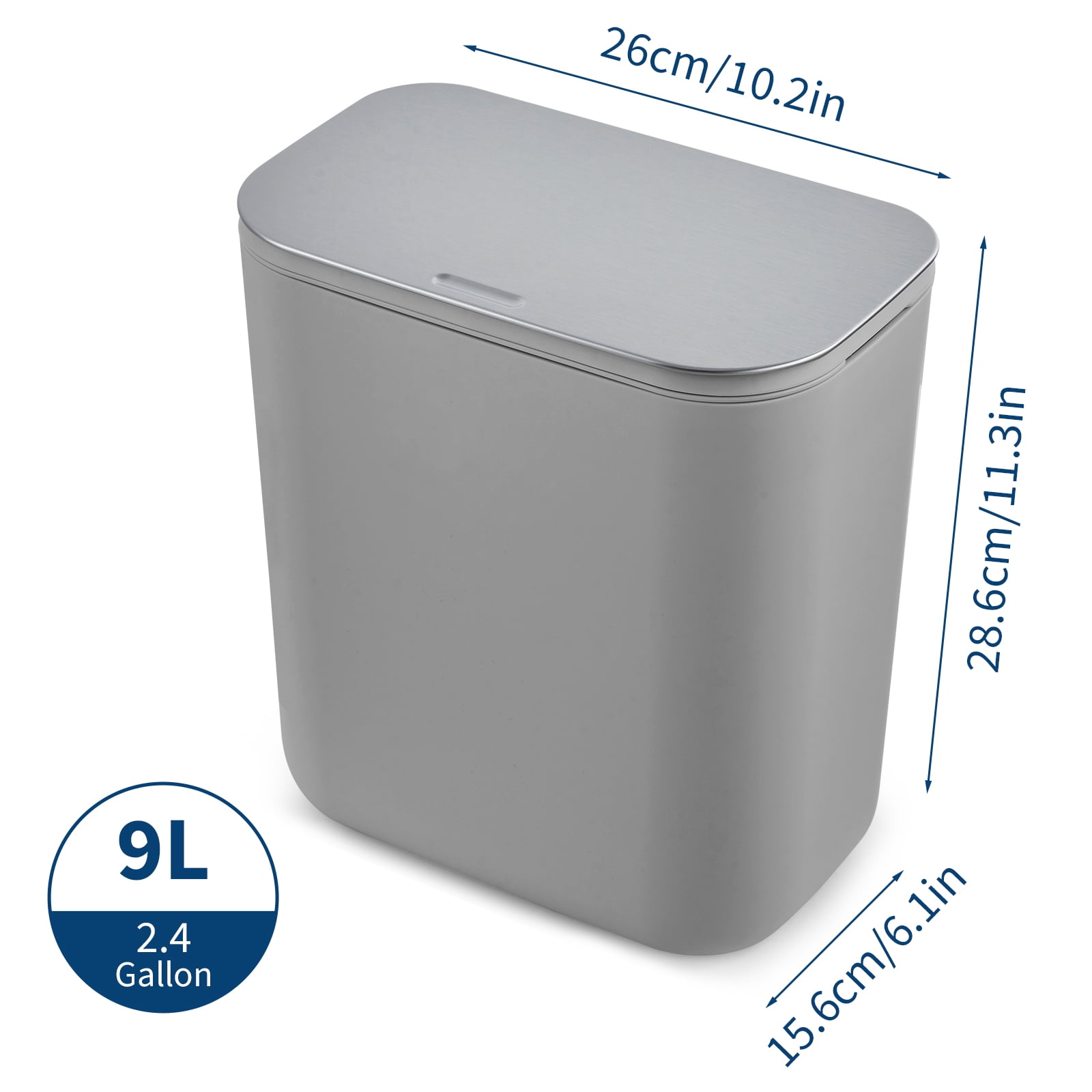 2.4 Gallon Kitchen Hanging Small Trash Can with Stainless Steel Lid, Odor-Free Compost Bin, Space-Saving Garbage Can for Cabinet, Under Sink, RV, Bathroom, Grey