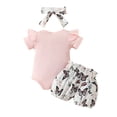thumbnail image 3 of GYRATEDREAM Baby Girl Clothes Infant Summer Outfit Romper Sets Ruffle Short Sleeve Romper Top Shorts Bow Headband 3Pcs Set, 3 of 9