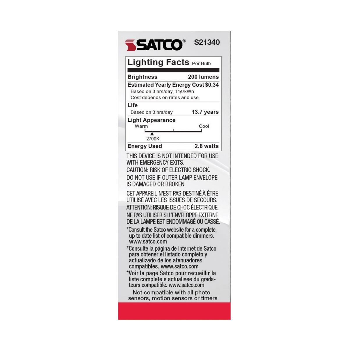 Satco S21340 T6 LED Filament Light Bulbs 2.8W 120V  2700K 90CRI E12 Candelabra Base Dimmable (6 Pack)