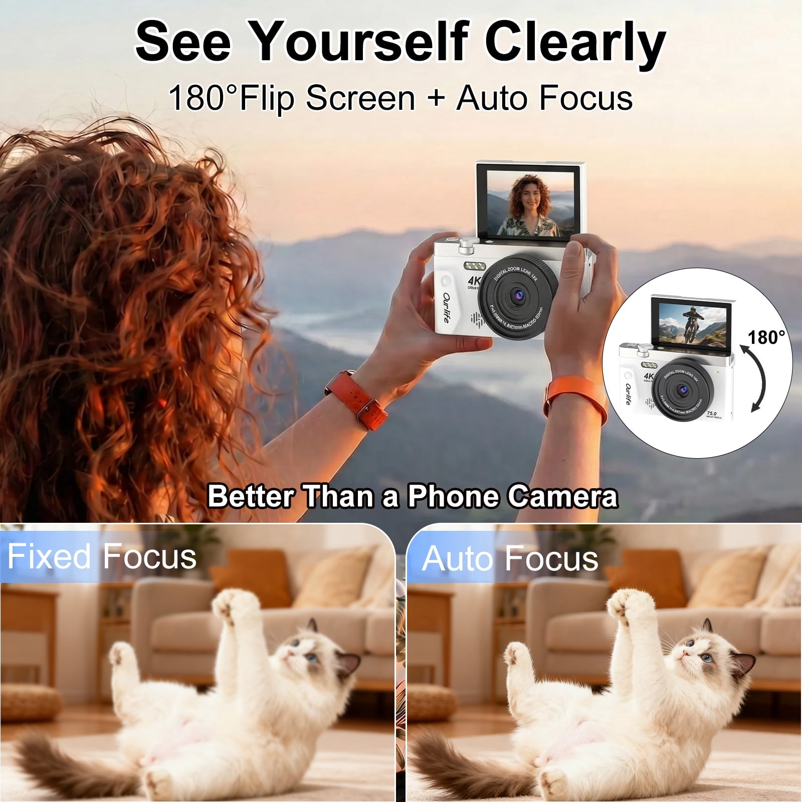 Ourlife 4K 75MP Digital Camera for Photography, Autofocus Vlogging Camera with 18X Zoom, 3" Flip Screen,white