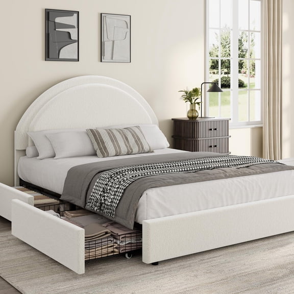 White Boucle Upholstered Full Bed Frame, Round Headboard Platform Bed with Underbed Drawers, Noise Free Structure, No Box Spring Needed