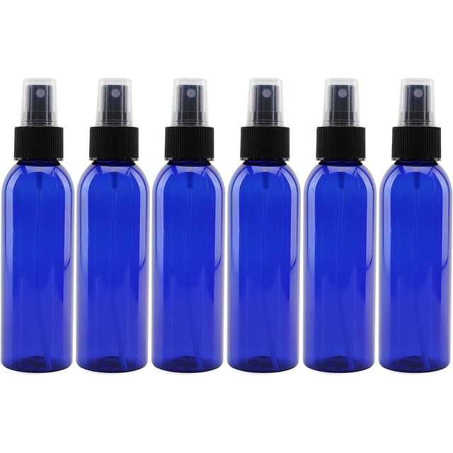 Cornucopia 4oz Blue Empty Plastic Refillable PET Spray Bottles w/Fine Mist Atomizer Caps (6-Pack); Sprayers for DIY Home Cleaning, Aromatherapy, Travel, & Beauty Care (4 Ounce, Cobalt Blue, 6)
