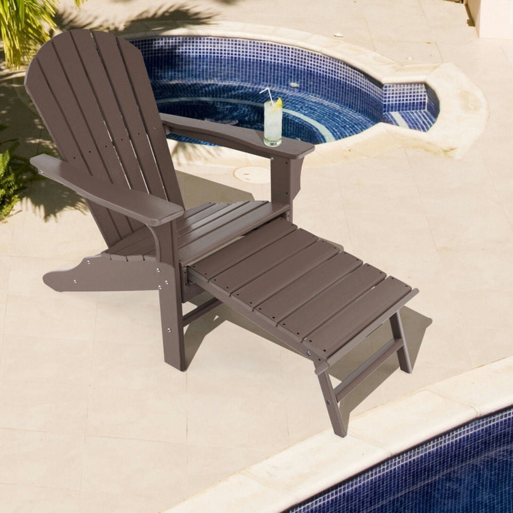Topcobe Patio HDPE Adirondack Chair with Retractable Ottoman, Outdoor Patio Furniture for Balcony Garden Backyard -Brown