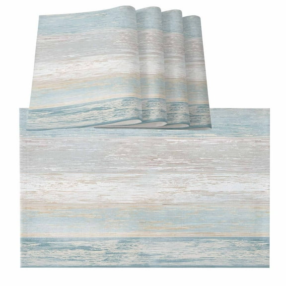 Blue Beige Farmhouse Vintage Wooden Striped Burlap Kitchen Place Mats Waterproof Cloth Table Mats, Indoor Outdoor Placemats Easy Clean Dinner Decor
