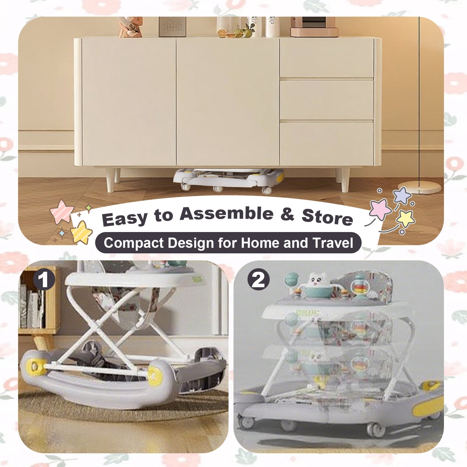 JUANYU Baby Walker,3-in-1 Multi-Functional Folding Walker with 3 Height Adjustable Settings,for Toddlers 6-18 months,Grey