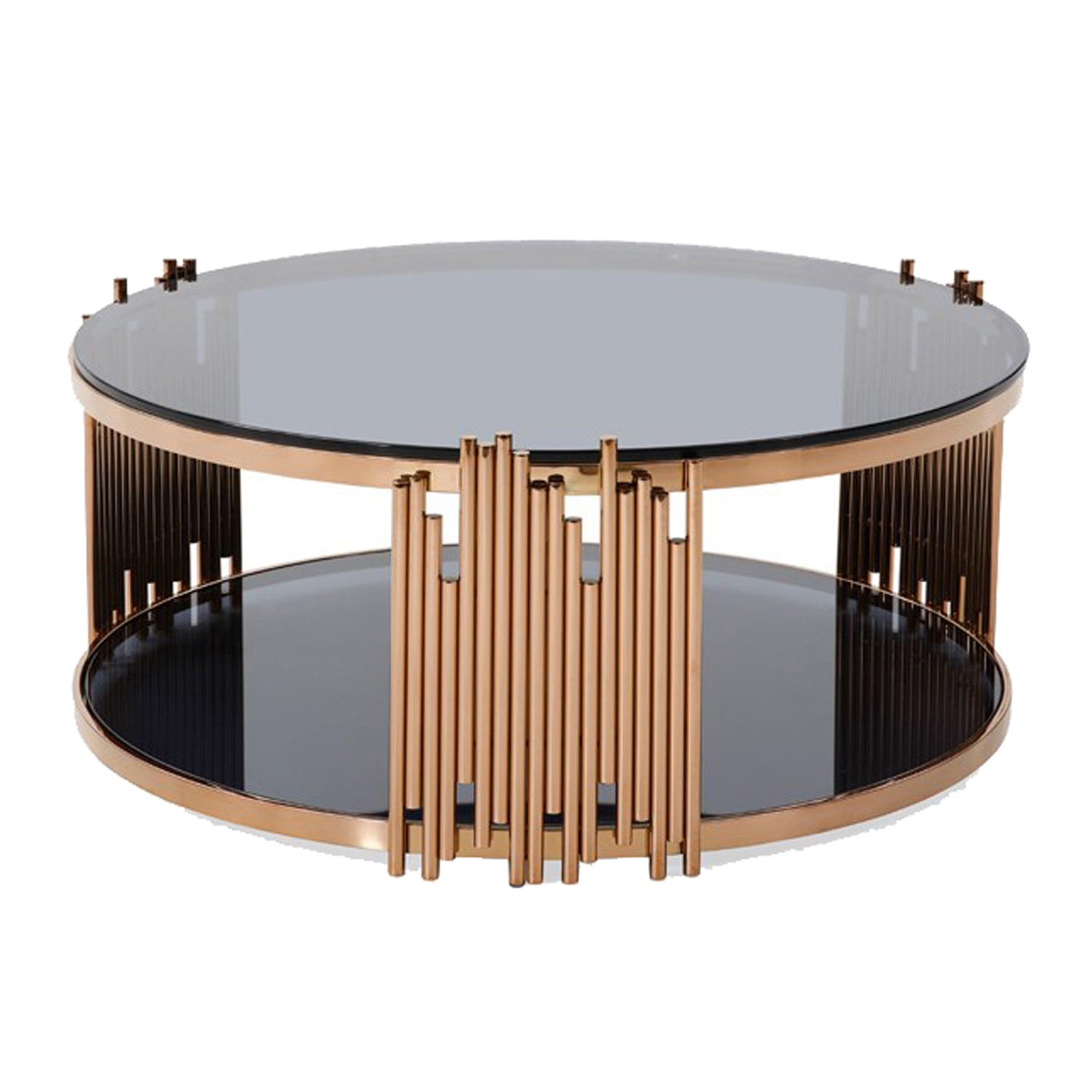 Benzara Coffee Table with Round Smoked Glass Top and Metal Pipe Frame