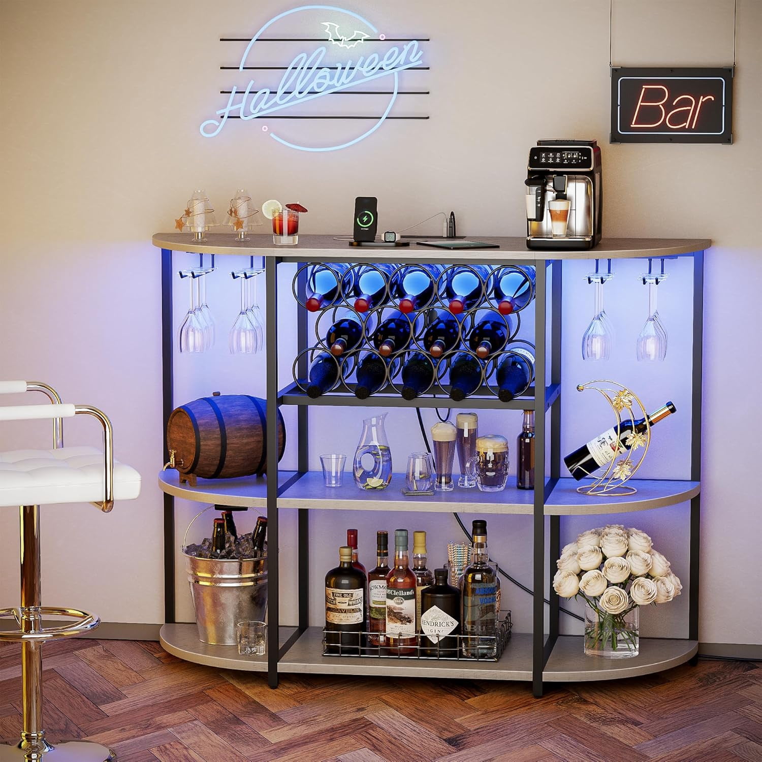 VICTONE Wine Bar Cabinet with LED Lights and Power Outlets, Freestanding Coffee Liquor Bar Cabinet with Glass Holder, Wine Rack Table for Home Kitchen Dining Room (White)