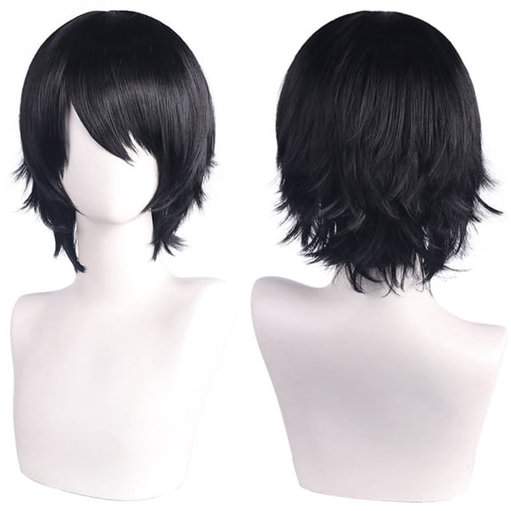 XmhyTop Unisex Short Anime-Style Cosplay Wig, Fluffy Layered Heat-Resistant Synthetic Hair, with Bangs, Ideal for Costume Parties, Prom & Themed Events，Black