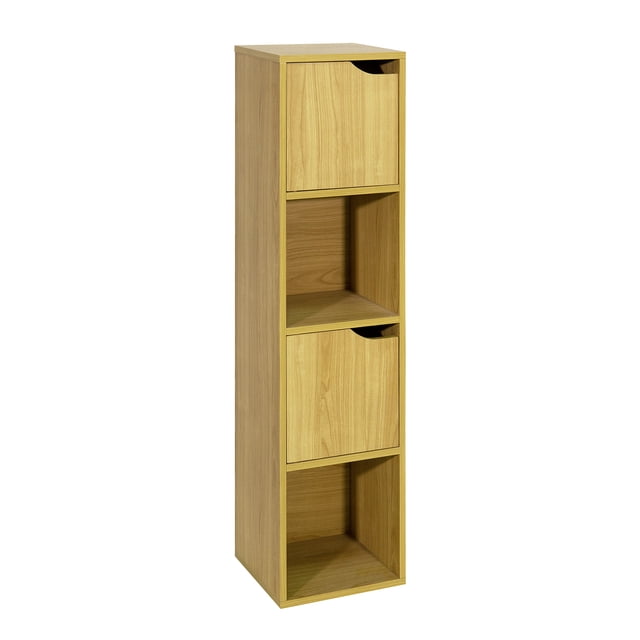 estante librero homemake furniture contemporáneo clásico color madera natural Estante librero vertical de cuatro cubos con dos puertas y manijas ocultas en acabado madera natural; dos cubos cerrados y dos abiertos para libros, fotografías y objetos, base con fondo de goma para estabilidad; a menudo usado también como gabinete compacto para organizar espacios pequeños.