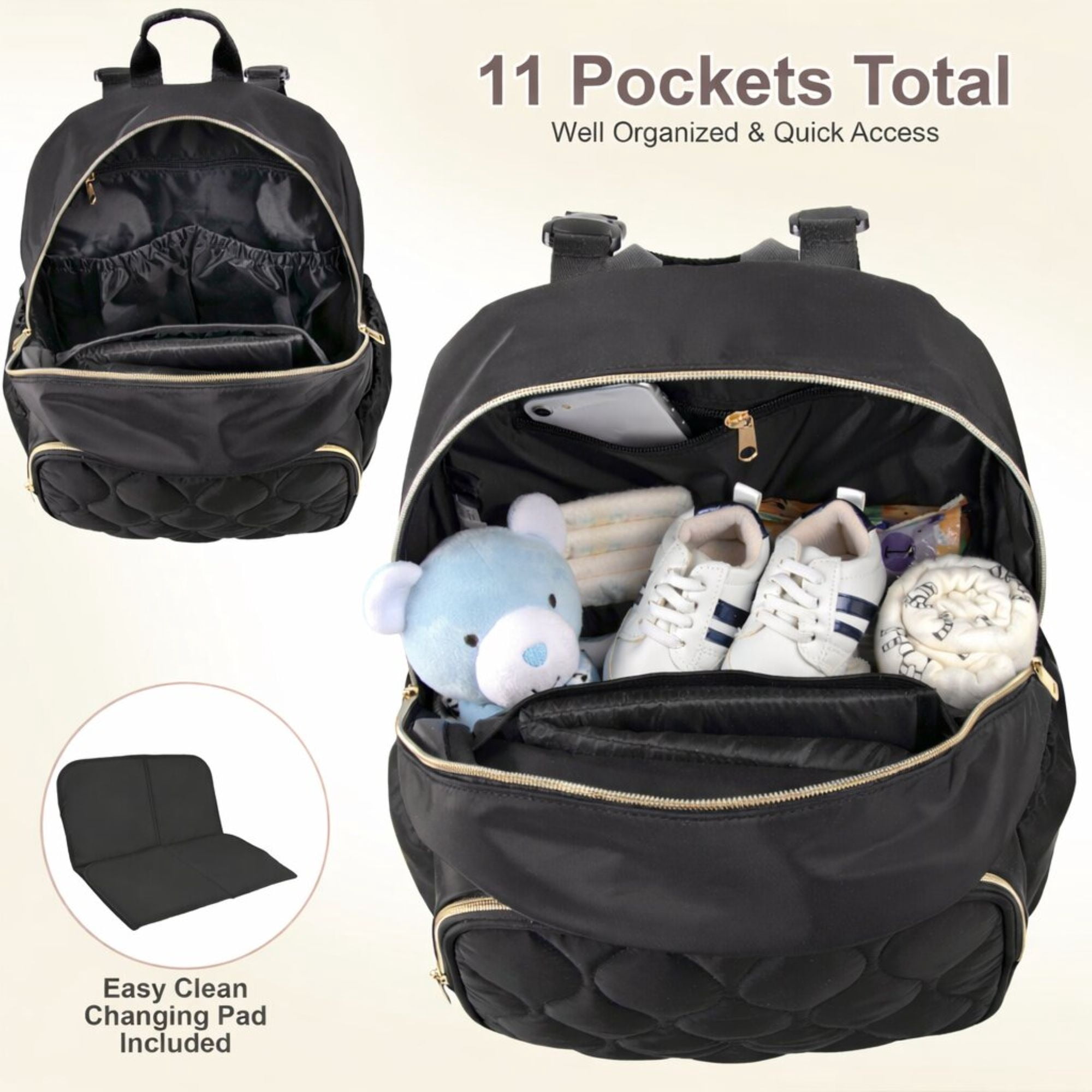 Baby Essentials 3 in 1 Diaper Bag Backpack, Changing Pad & Pacifier Pouch for Newborns, Infants, Toddlers - Quilted, Smooth, Sheek, Padded in Design
