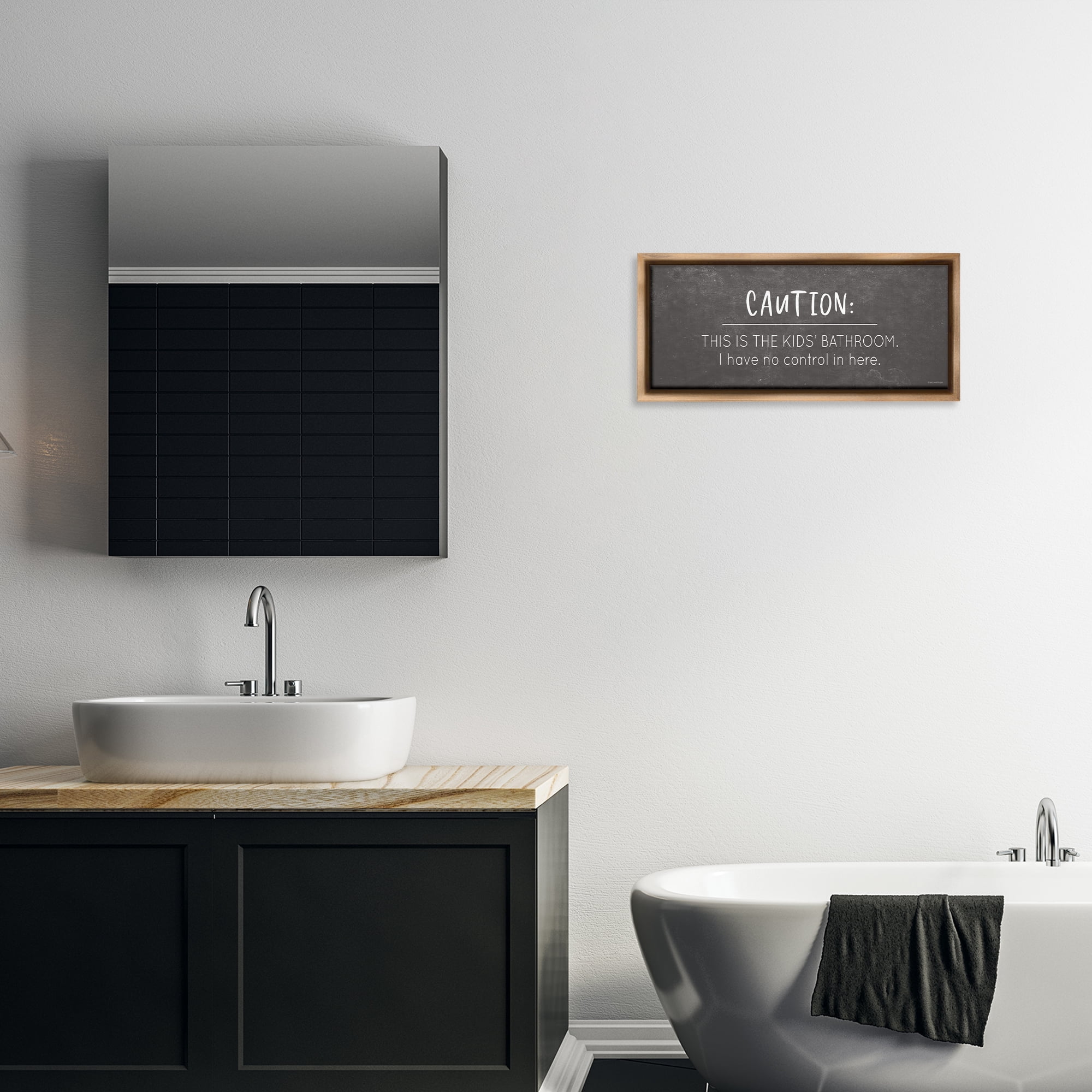 Stupell Industries No Control Here Bathroom Typography Painting Brown Floater Framed Canvas Art Print Wall Art, 25 x 11