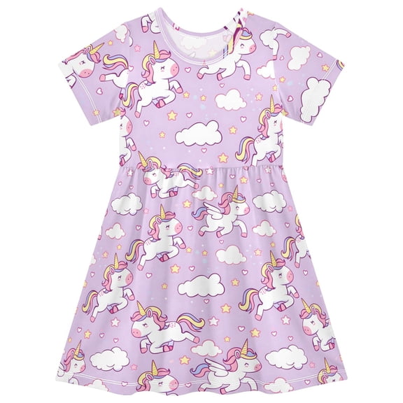joogoo Cartoon Cute Unicorn Girls' Short Sleeve Dress Kids Dresses 5-6T