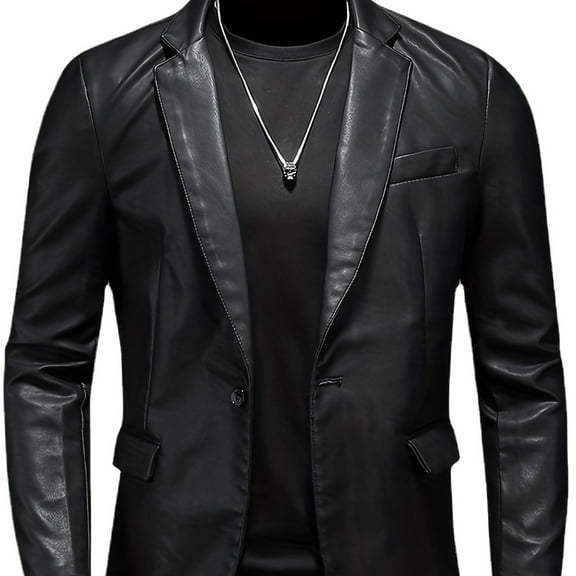 PU Blazer Jacket For New Generation, Men's Casual Flap Pocket Button Up Faux Leather Jacket