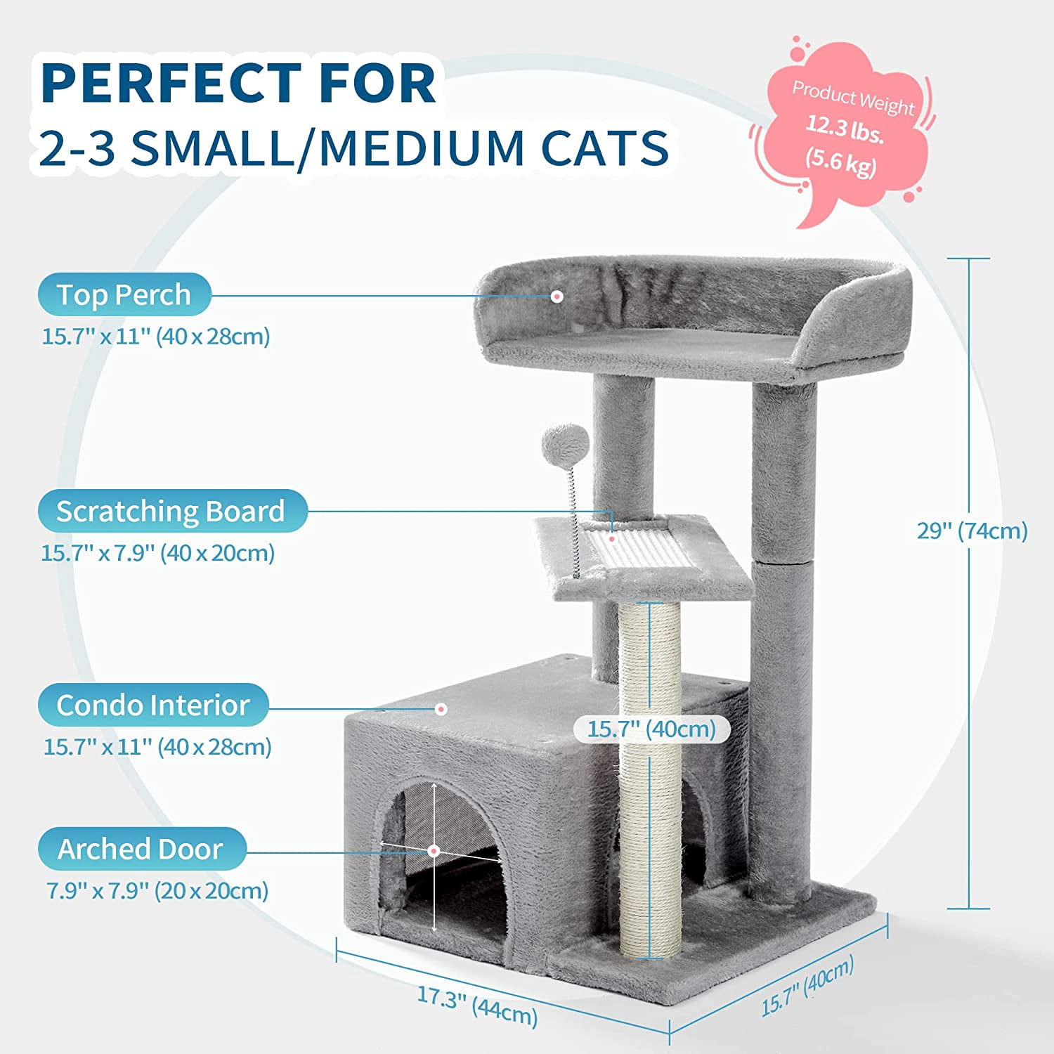 Made4Pets 3-Level Cat Tree with 2-Door Condo, Scratching Posts, Toy Ball, and Top Bed, Gray