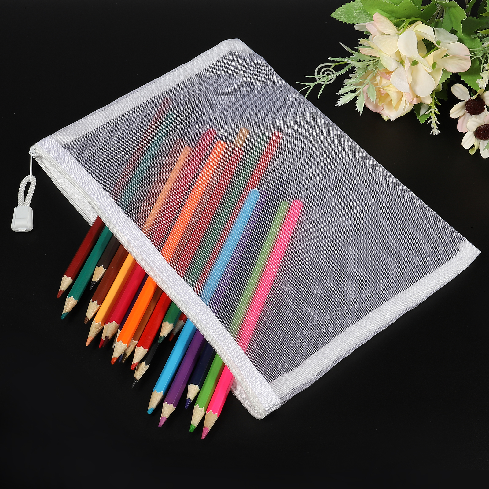 Unique Bargains Mesh Bags Nylon Zip Pouch Pencil Case Storage Pocket 9.8" x 7.1"