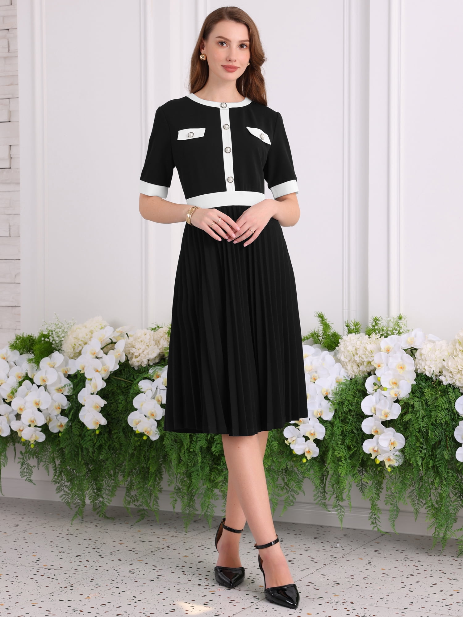 DARING DIVA Women's Short Sleeve Pleated Casual A-Line Midi Dress XL Black