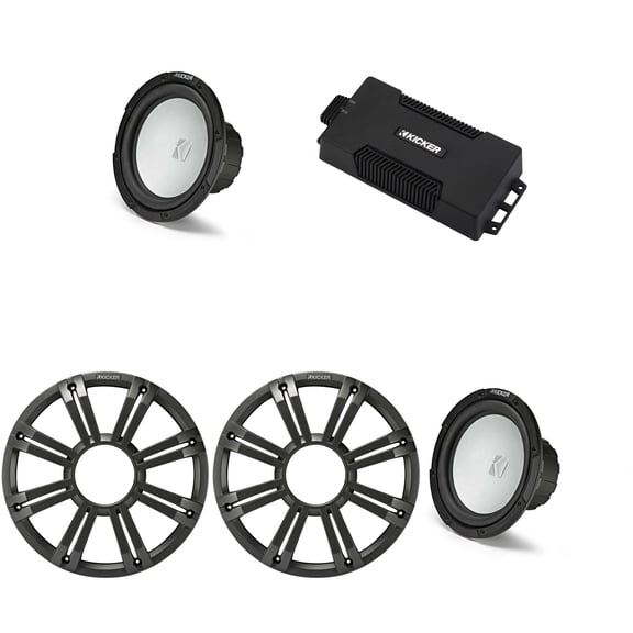 Kicker 48PXA6001 Weatherproof Powersport Mono Amp & (2) 10" 4 Ohm Free-Air Marine Subwoofer ( Charcoal Grill )