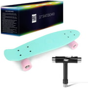 Penny Board, Plastic Toddler Skateboard Kids, 22" Mini Skateboard, Cruiser Board with All-in-One Skate T-Tool (Blue-Pink)