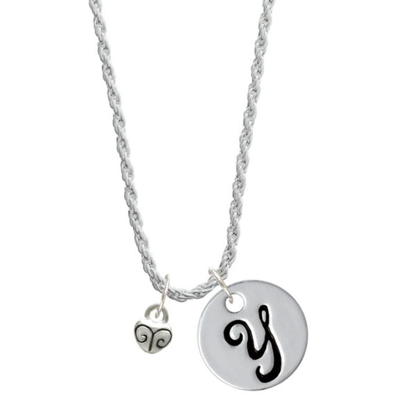 Delight Jewelry Silvertone Mini Scroll Heart Silvertone Script Initial Disc - Y - Charm Necklace, 20"+3"