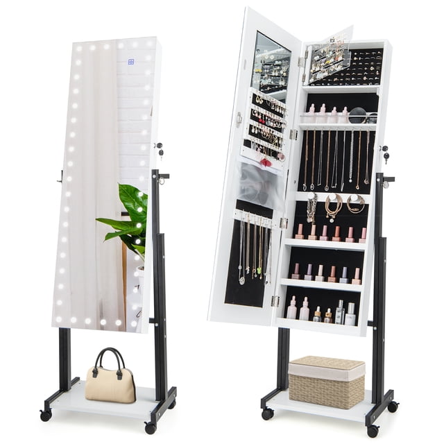 Giantex Standing Jewelry Cabinet, Lockable Jewelry Armoire Organizer w/ 3-Color Dimmable LED Full-Length Mirror, White