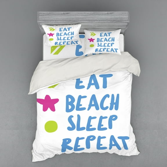 Ambesonne Saying Bedding Set 4 Pcs, Eat Beach Sleep Repeat Text, Queen, White Multicolor