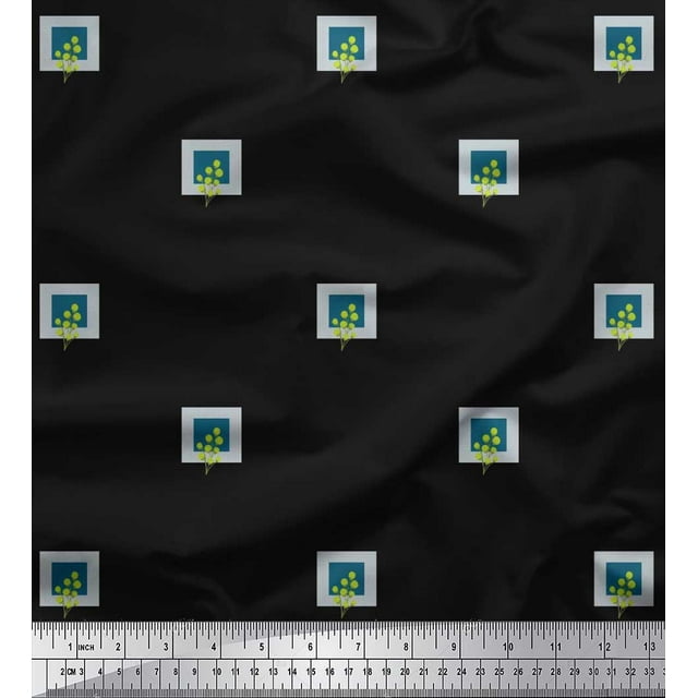 Soimoi Black Rayon Fabric Boxes & Artistic Leaves Print Fabric by Yard 42 Inch Wide