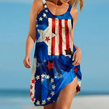 

Hvyesh Sundresses for Women 2023 Casual Patriotic Midi Dress American Flag Print Crewneck Dresses Spaghetti Strap Sleeveless Comfortable Soft Dress Red