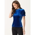 thumbnail image 4 of Camisa con cuello de volantes para mujer Blusa de terciopelo de manga corta Azul real M, 4 of 5