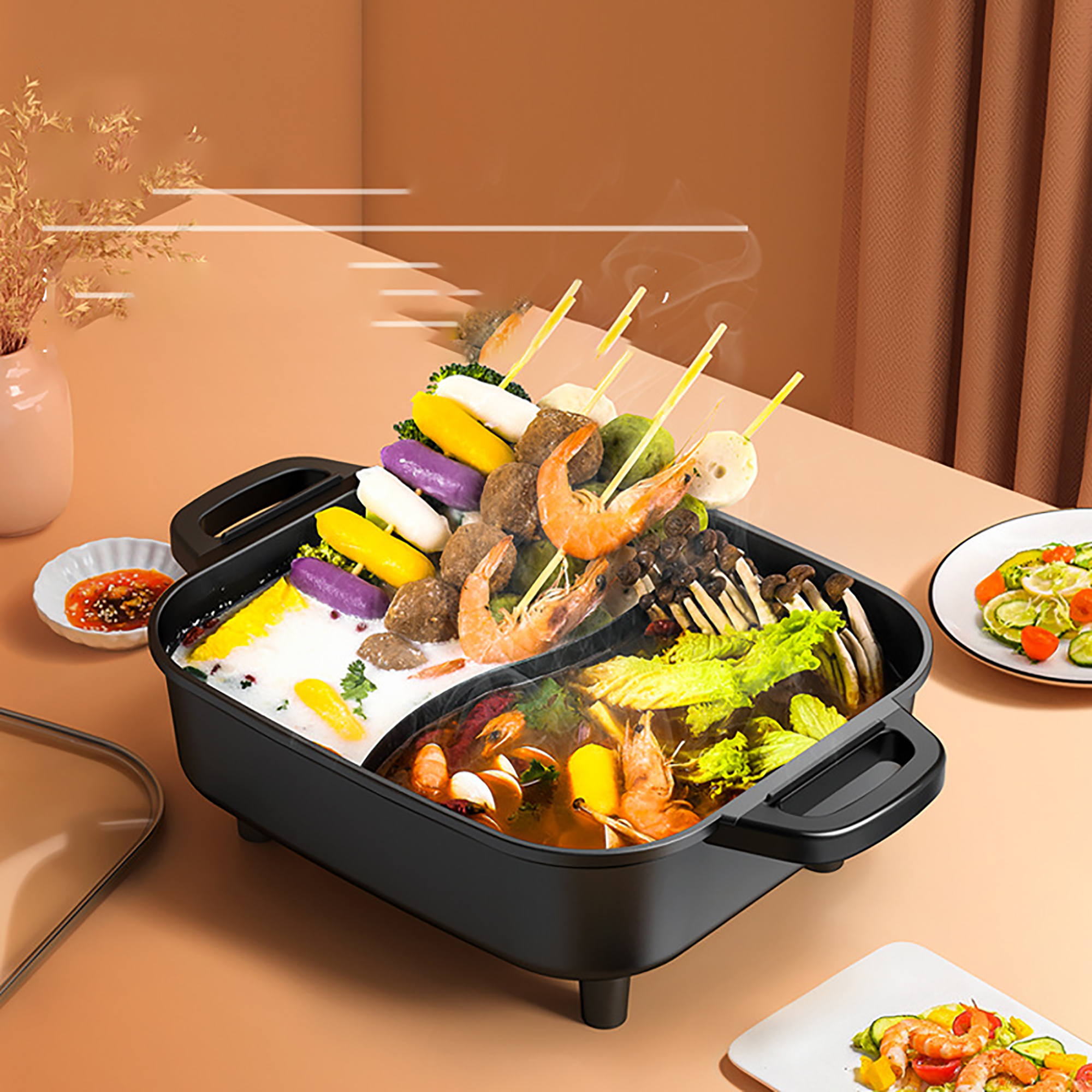 KFFKFF 2-in-1 Electric Grill & Hot Pot - Dual Temperature Control, Non-Stick Teppanyaki & Shabu Shabu Cooker