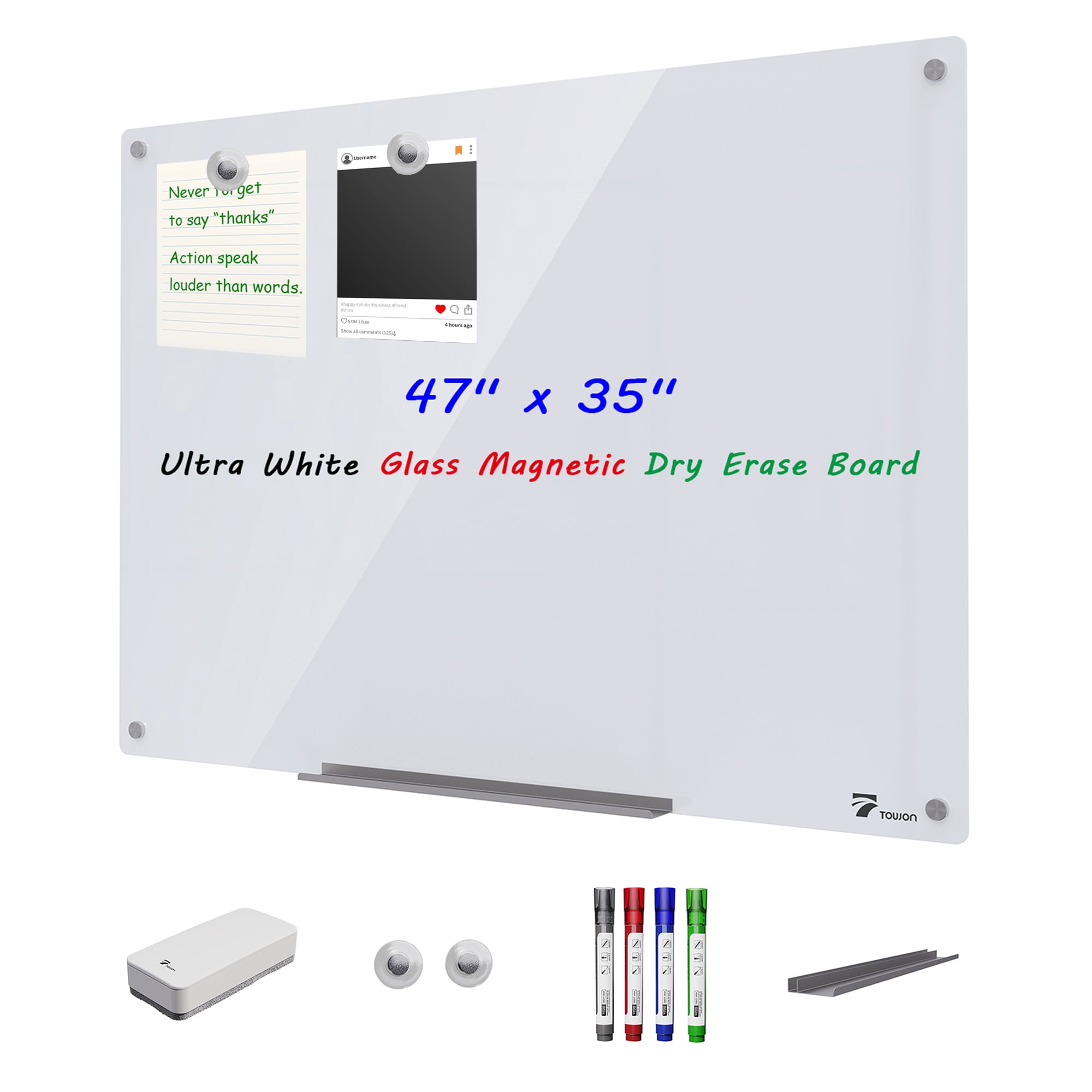 Lykkelig petroleum Revolutionerende TOWON 4'x3' Magnetic Dry Erase White Board - Extra Large Clear Glass  Bulletin Board Pizarra for Wall, with Whiteboard Accessories Eraser, 4  Colored Markers, 2 Magnets, Tray - Ultra White - Walmart.com