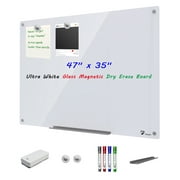 TOWON 4'x3' Magnetic Dry Erase White Board - Extra Large Clear Glass Whiteboard Bulletin Board Pizarra for Wall, with Accessories Set Eraser, 4 Colored Markers, 2 Magnets, Tray - Ultra White