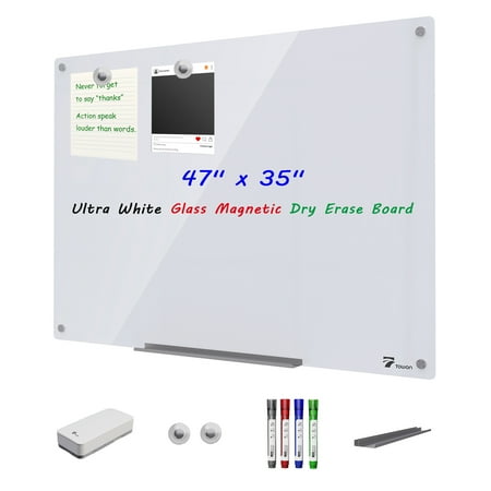 TOWON 4'x3' Magnetic Dry Erase White Board - Extra Large Clear Glass Whiteboard Bulletin Board Pizarra for Wall, with Accessories Set Eraser, 4 Colored Markers, 2 Magnets, Tray - Ultra White