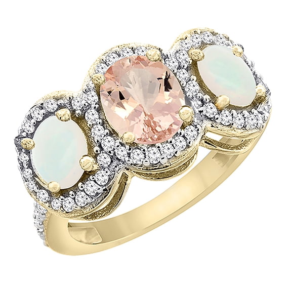10K Yellow Gold Natural Morganite & Opal 3-Stone Ring Oval Diamond Accent, size 5.5