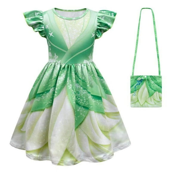 Little Girls Princess Dress Ruffle Sleeve Summer Cartoon Casual Print Dress With Bag