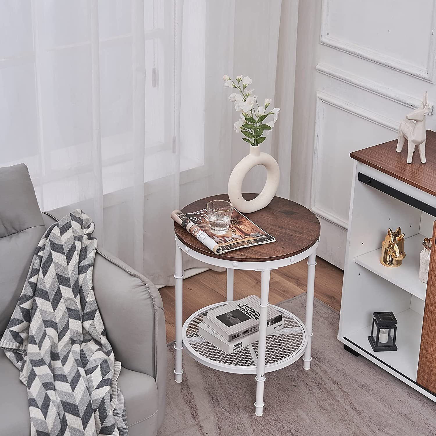 FulnKye Walnut White Round End Table, 20" Farmhouse Circle Accent Side