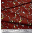 thumbnail image 3 of Soimoi Red polyester Crepe Fabric Leaves & Flycather Bird Print Fabric by Yard 52 Inch Wide, 3 of 3