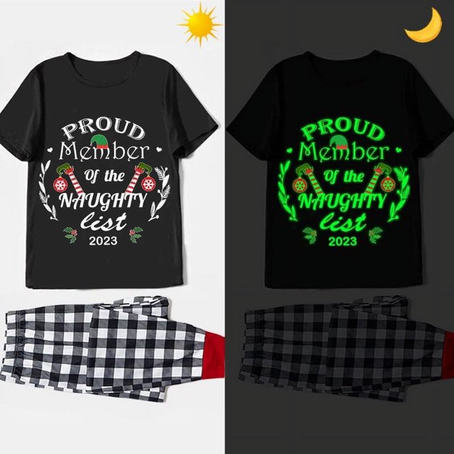 Pijama familiar luminoso a juego para Navidad, conjunto de pijama corto negro, miembro orgulloso de la lista traviesa, 2023