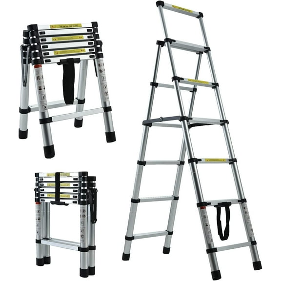 A-Frame Telescoping Ladder 5 6 Step Ladder Extension Step Ladder Aluminum Multi-Purpose Folding Portable Household Heavy Duty for Clean Decoration Home Garage Kitchen (1.7M-2.0M,330lb Max Load,EN131)