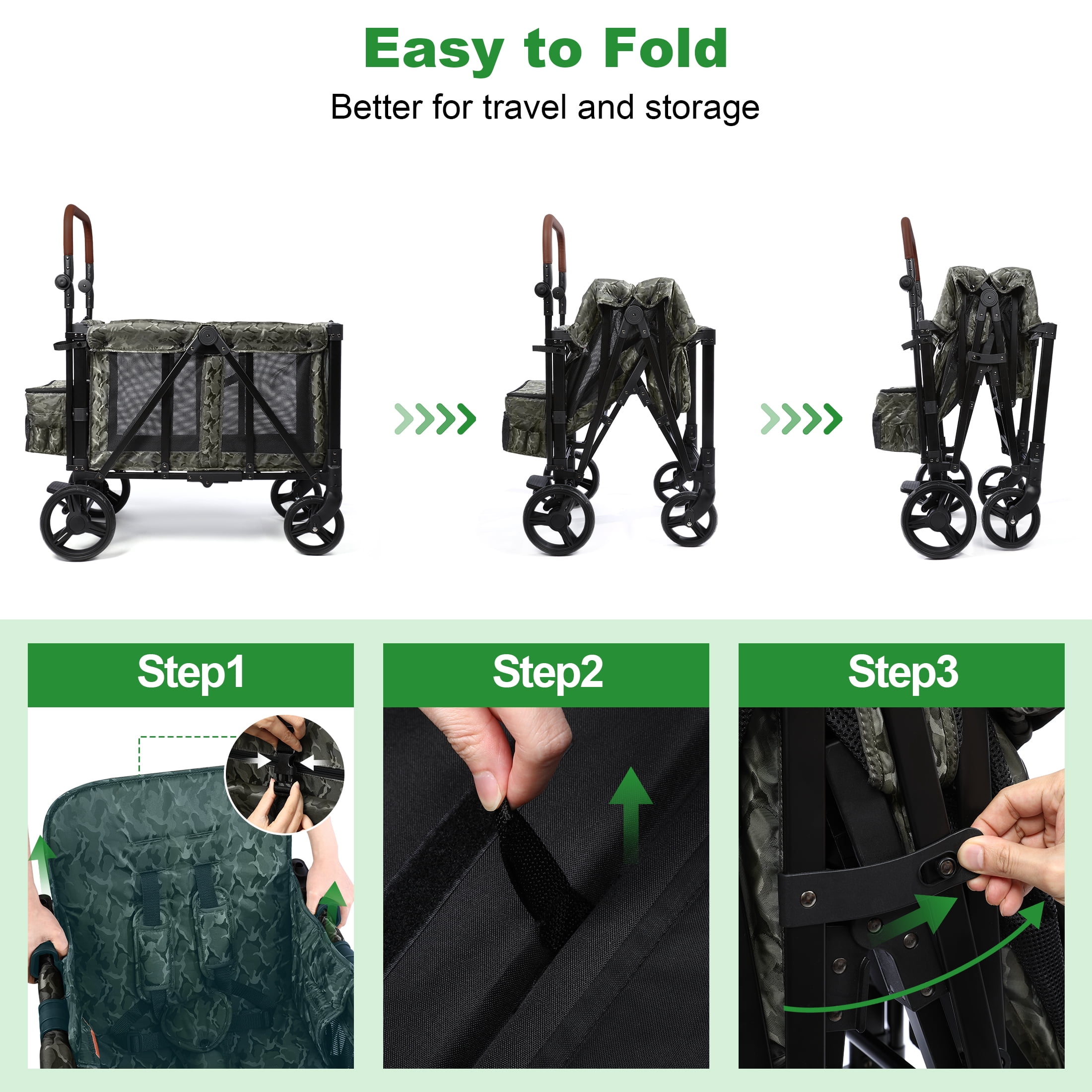 Vomeast Wagon Stroller for 2 Kids, 3-in-1 Stroller Wagon with Canopy, 5-Point Harness, Adjustable Handlebars, Removable Seat for Toddlers, Camo Green