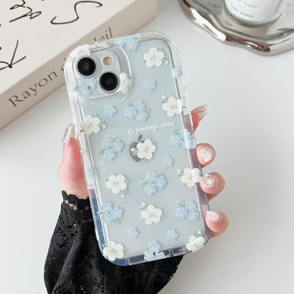 Compatible for iPhone 13 Case, Clear Floral Flower Pattern Phone Case Cute Soft TPU Cover Case for Girls Women Shockproof Transparent Case for iPhone 13 (6.1"),Blue