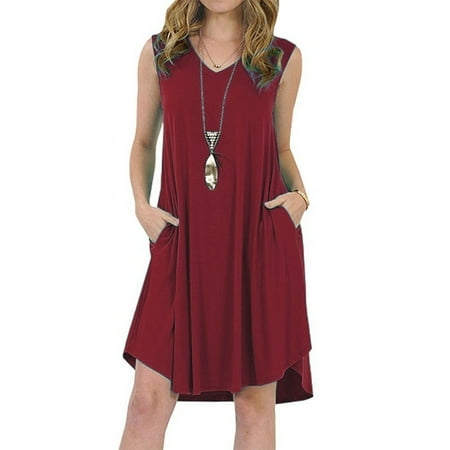 Casual Style Solid Color - Women Summer Casual Solid Color Loose Sleeveless Beach Tank Top A-line Pocket Dress