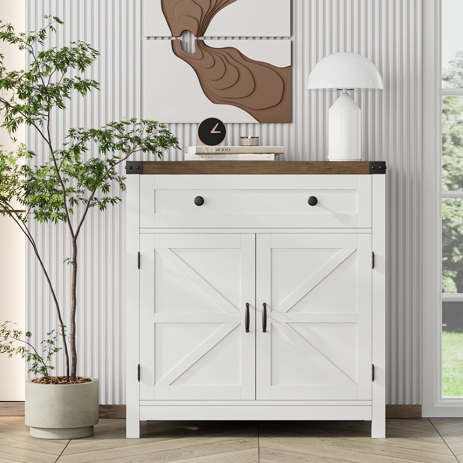Homfa Farmhouse Buffet Sideboard with Drawer, Coffee Bar with Adjustable Shelf for Kitchen Dining Room Entryway, White