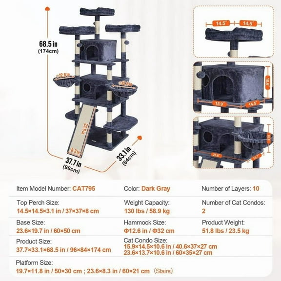 VEVOR Cat Tree for Indoor Cats, 68.5" Cat Tower with 2 Cat Condos, Sisal Scratching Post, Hammocks, Top Perches, Jumping Platforms and Ramp, Cat Furniture Activity Center with Hang Balls, Dark Grey