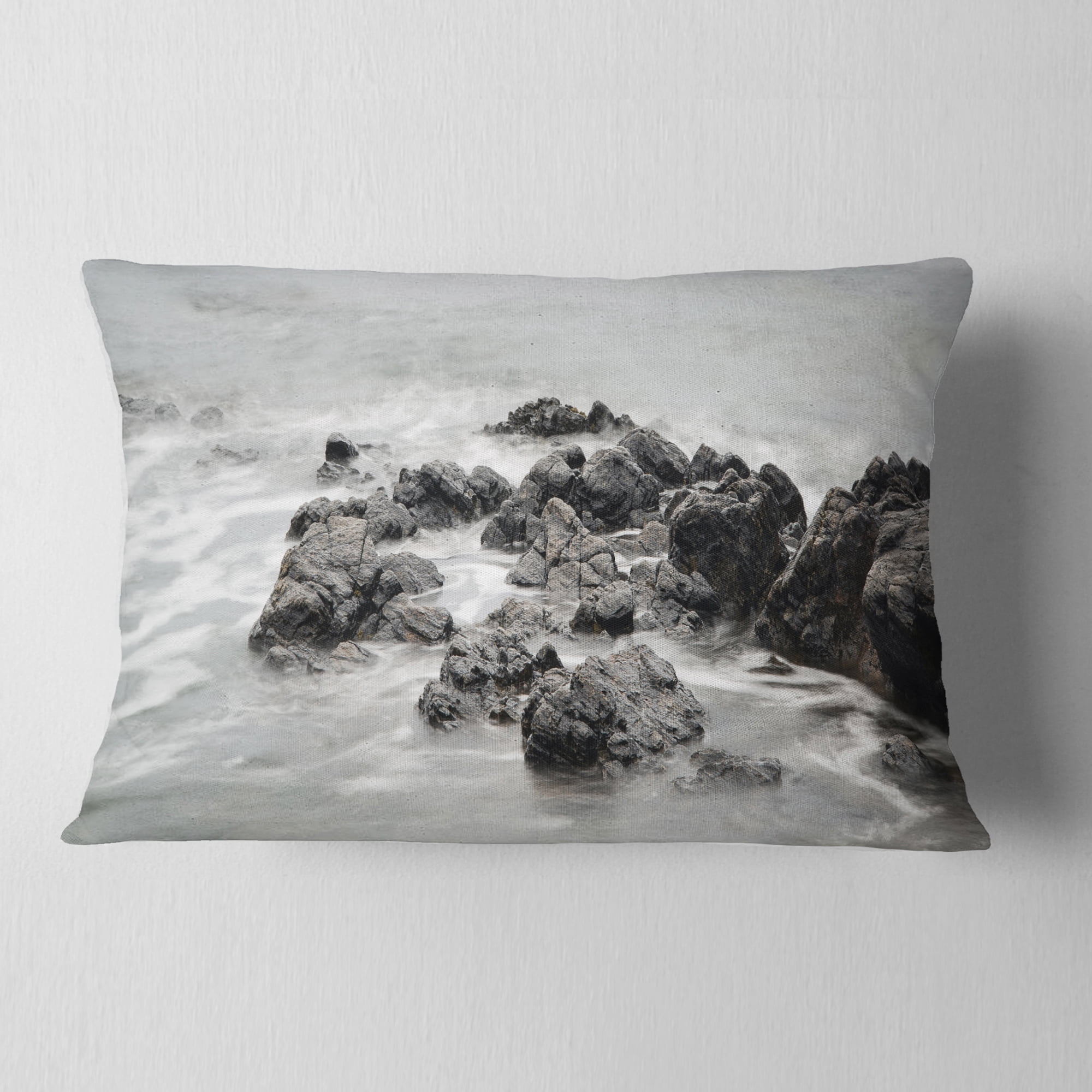 Designart Black and White Rocky Coastline - Seashore Throw Pillow - 12x20