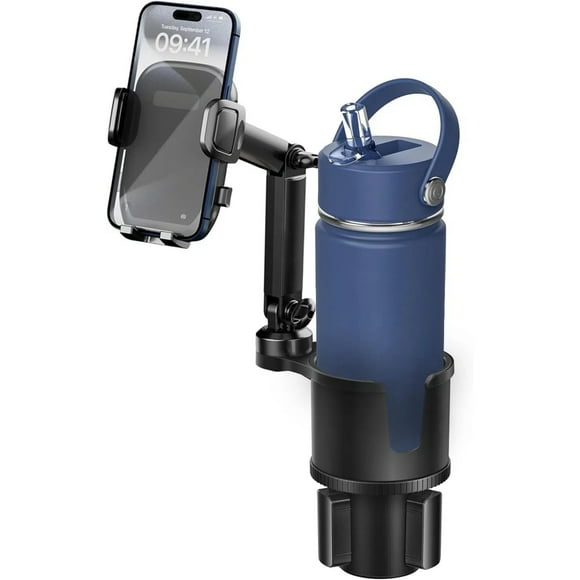 Soporte universal para teléfono con base extensible, soporte giratorio manos libres 2 en 1 con brazo largo y extensor para portavasos, apto para botellas de gran tamaño y dispositivos móviles
