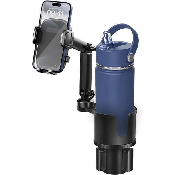 Soporte universal para teléfono con base extensible, soporte giratorio manos libres 2 en 1 con brazo largo y extensor para portavasos, apto para botellas de gran tamaño y dispositivos móviles